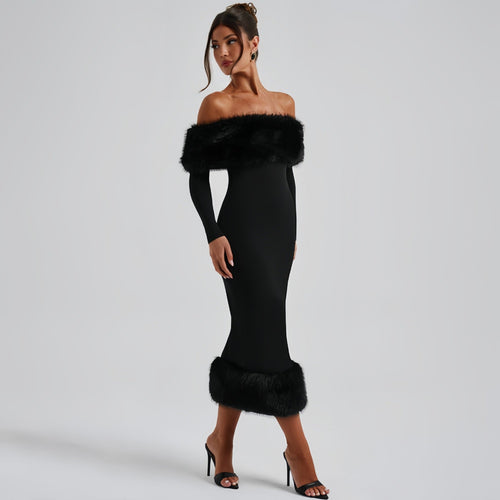 Abendkleid Damen schwarz figurbetont mit Off-Shoulder-Ausschnitt und Pelzbesatz - 1 - Atelier-Zofia