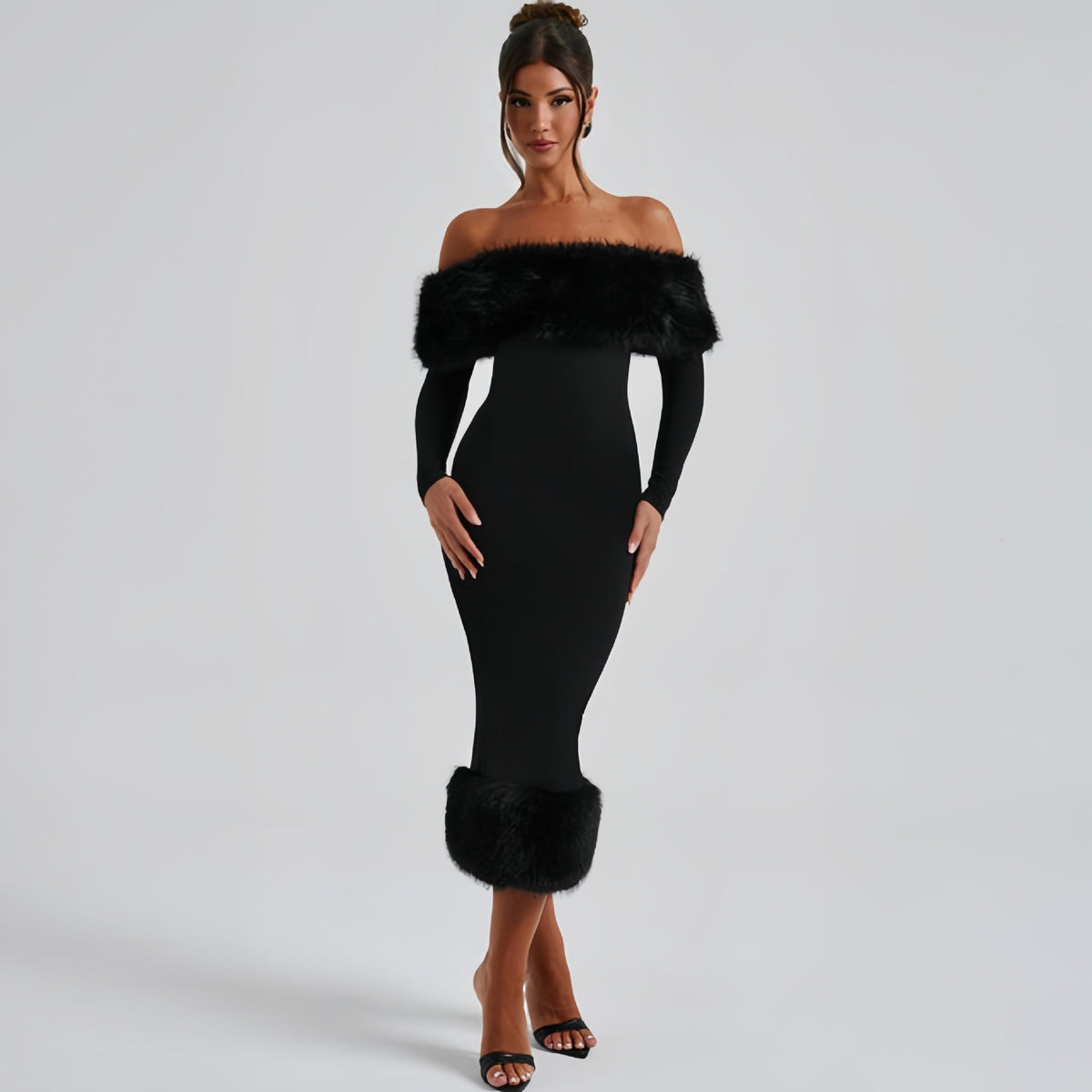 Abendkleid Damen schwarz figurbetont mit Off-Shoulder-Ausschnitt und Pelzbesatz - 2 - Atelier-Zofia