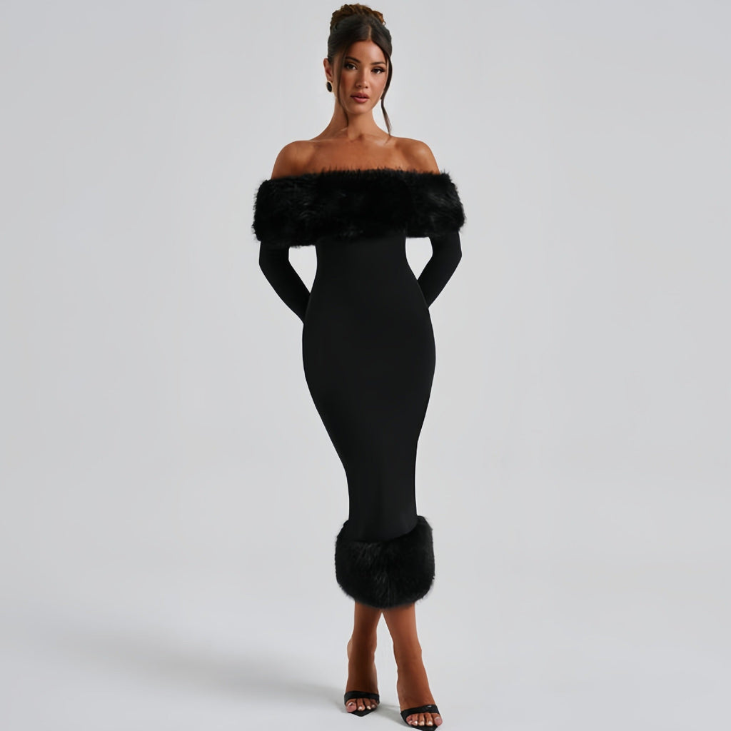 Abendkleid Damen schwarz figurbetont mit Off-Shoulder-Ausschnitt und Pelzbesatz - 4 - Atelier-Zofia