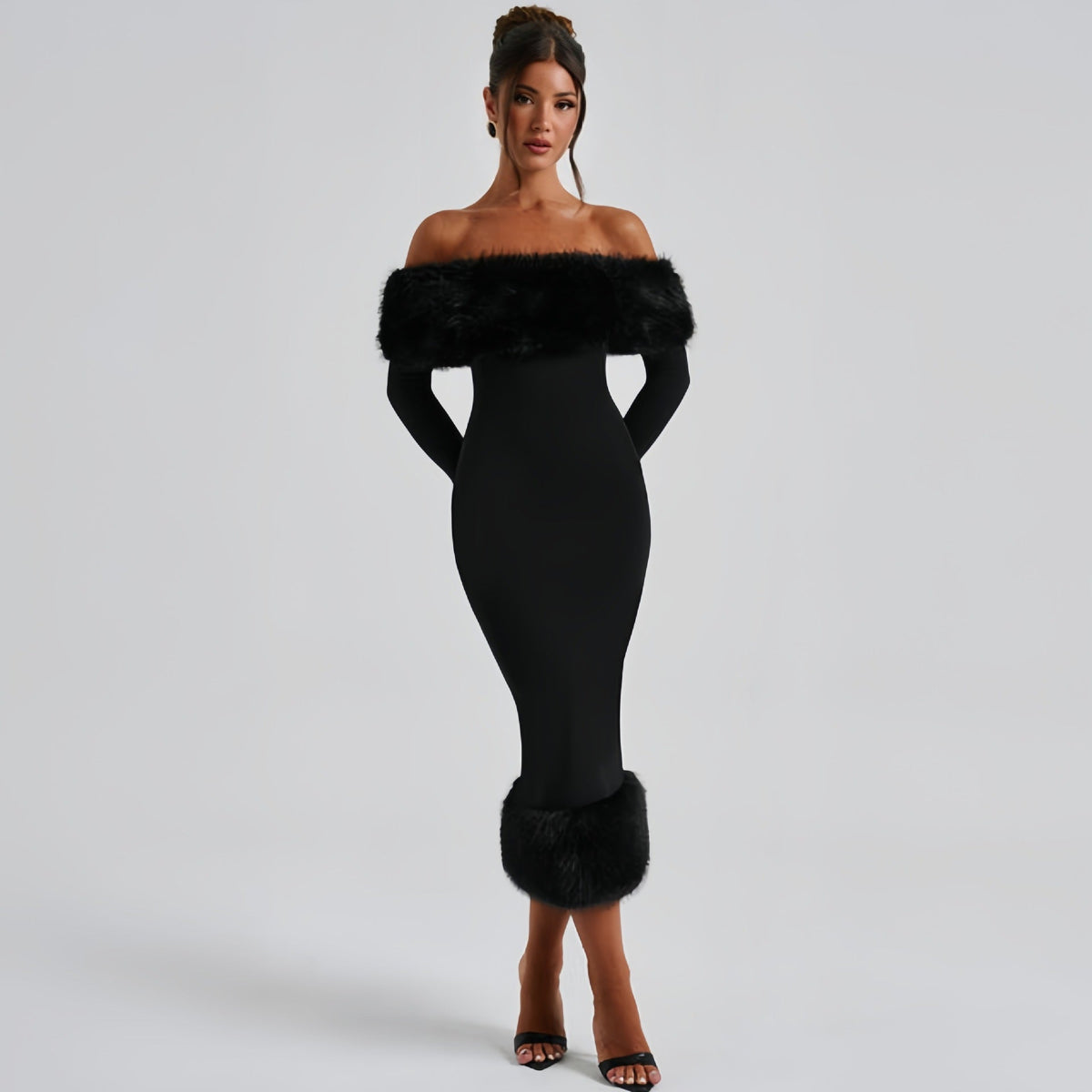 Abendkleid Damen schwarz figurbetont mit Off-Shoulder-Ausschnitt und Pelzbesatz - 4 - Atelier-Zofia