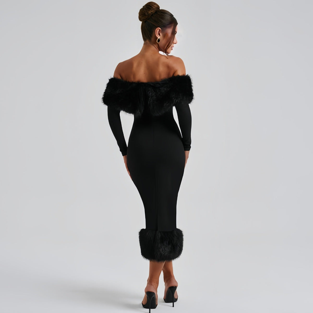 Abendkleid Damen schwarz figurbetont mit Off-Shoulder-Ausschnitt und Pelzbesatz - 5 - Atelier-Zofia