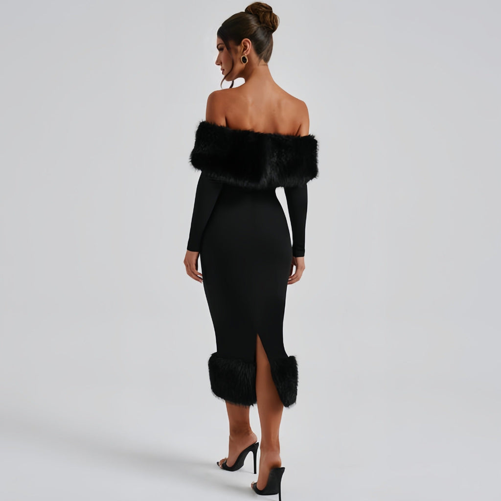Abendkleid Damen schwarz figurbetont mit Off-Shoulder-Ausschnitt und Pelzbesatz - 6 - Atelier-Zofia