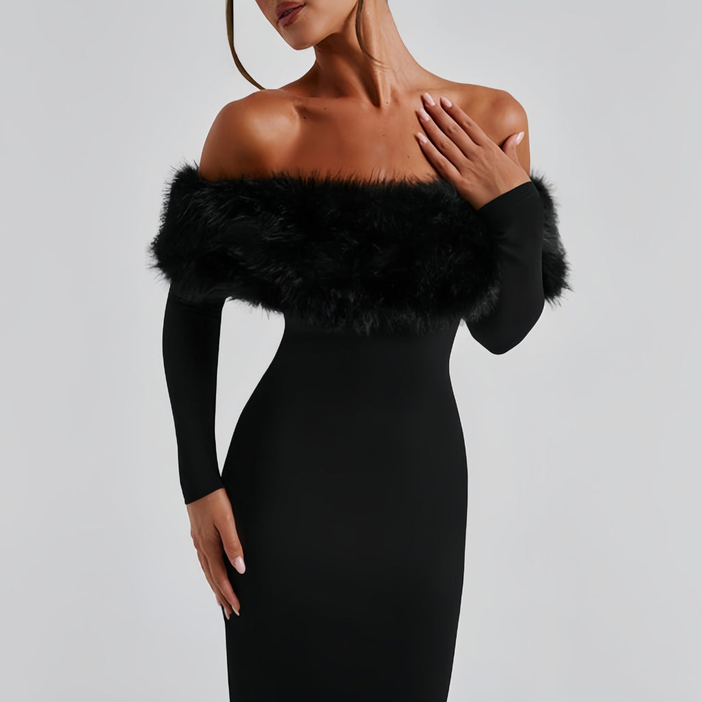 Abendkleid Damen schwarz figurbetont mit Off-Shoulder-Ausschnitt und Pelzbesatz - 7 - Atelier-Zofia