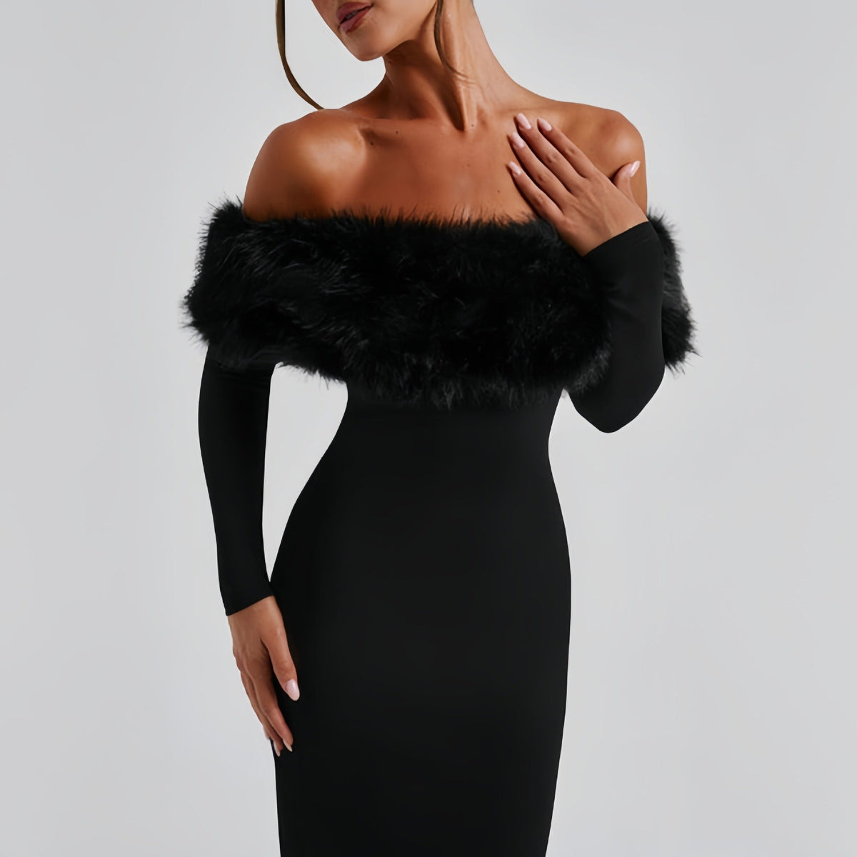 Abendkleid Damen schwarz figurbetont mit Off-Shoulder-Ausschnitt und Pelzbesatz - 7 - Atelier-Zofia