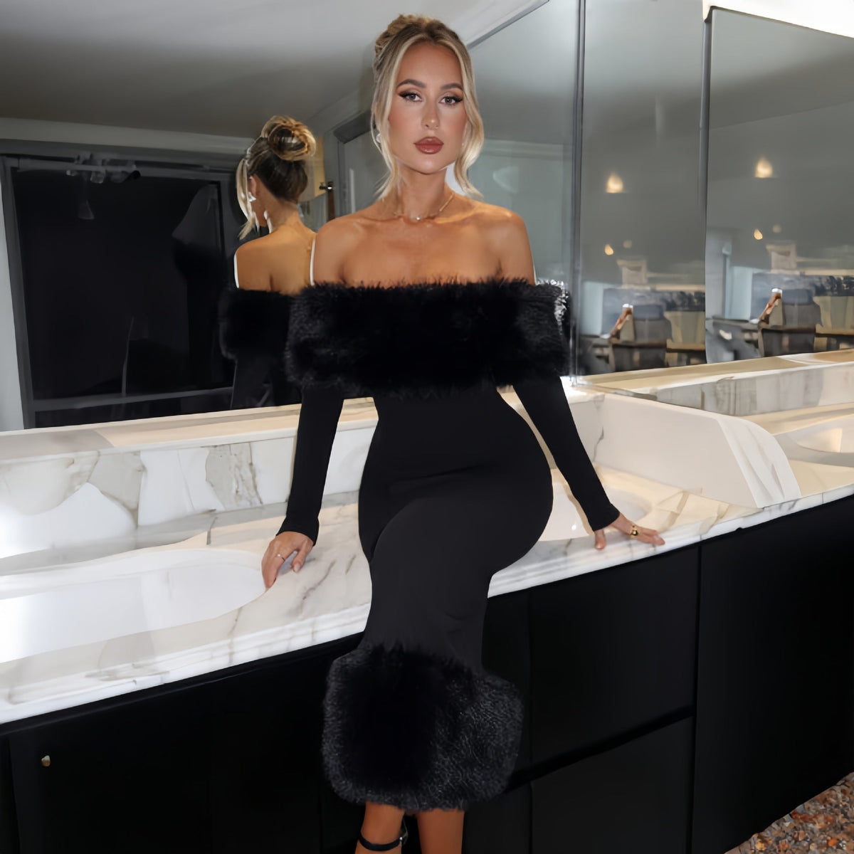 Abendkleid Damen schwarz figurbetont mit Off-Shoulder-Ausschnitt und Pelzbesatz - 8 - Atelier-Zofia