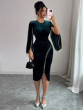 Midi Kleid Damen dunkelgrün figurbetont mit Fransen - 1 - Atelier-Zofia