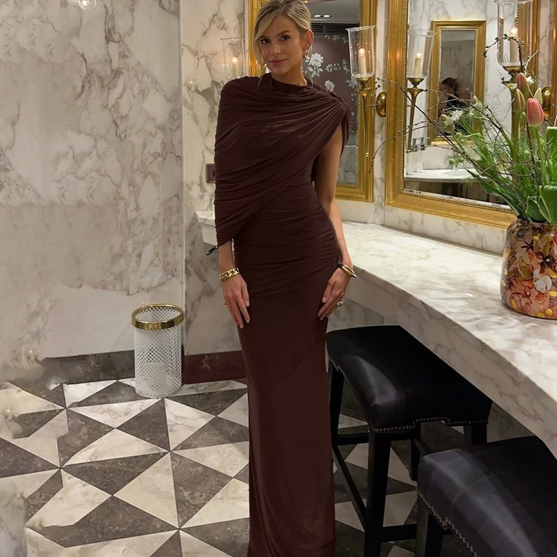 Maxikleid Damen braun figurbetont mit Stehkragen und Drapierung - 5 - Atelier-Zofia