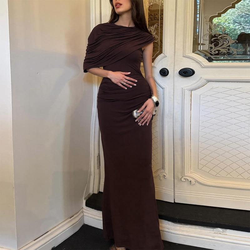 Maxikleid Damen braun figurbetont mit Stehkragen und Drapierung - 6 - Atelier-Zofia