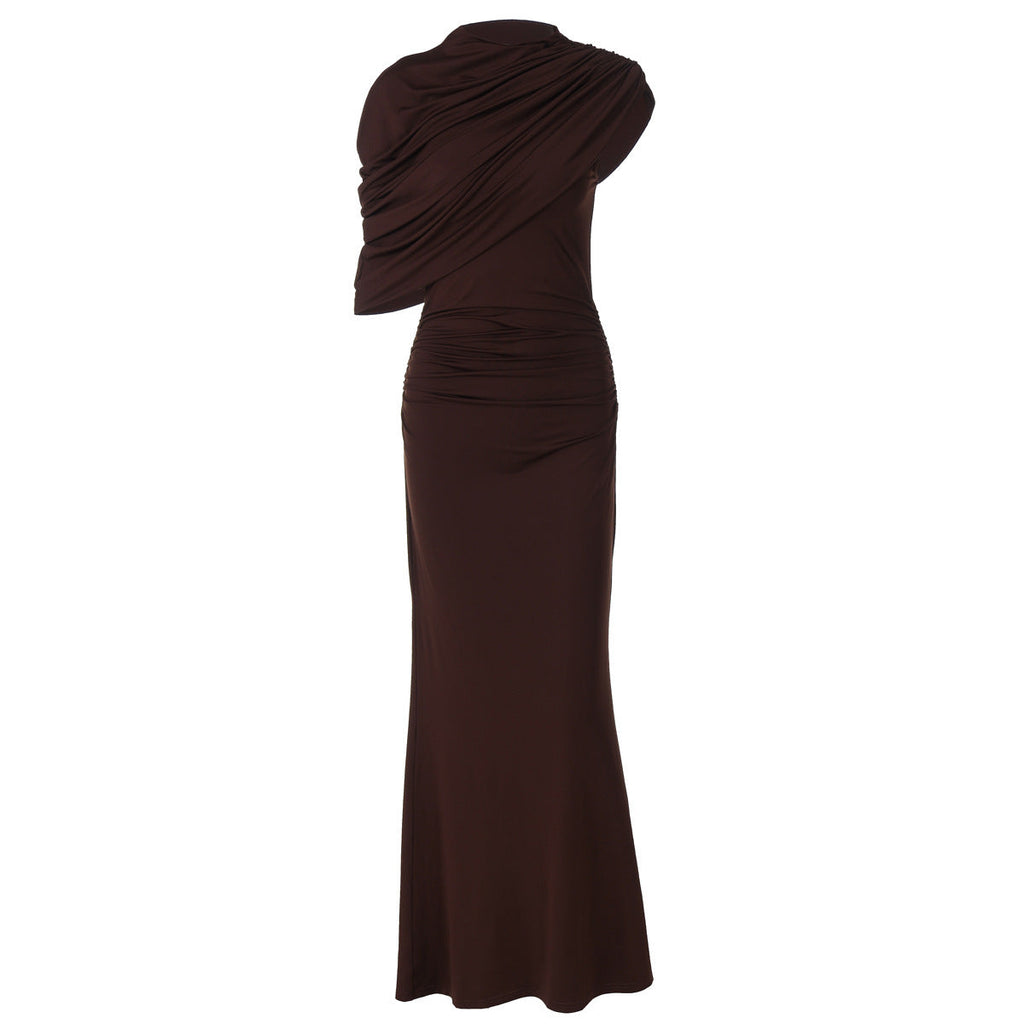Maxikleid Damen braun figurbetont mit Stehkragen und Drapierung - 7 - Atelier-Zofia