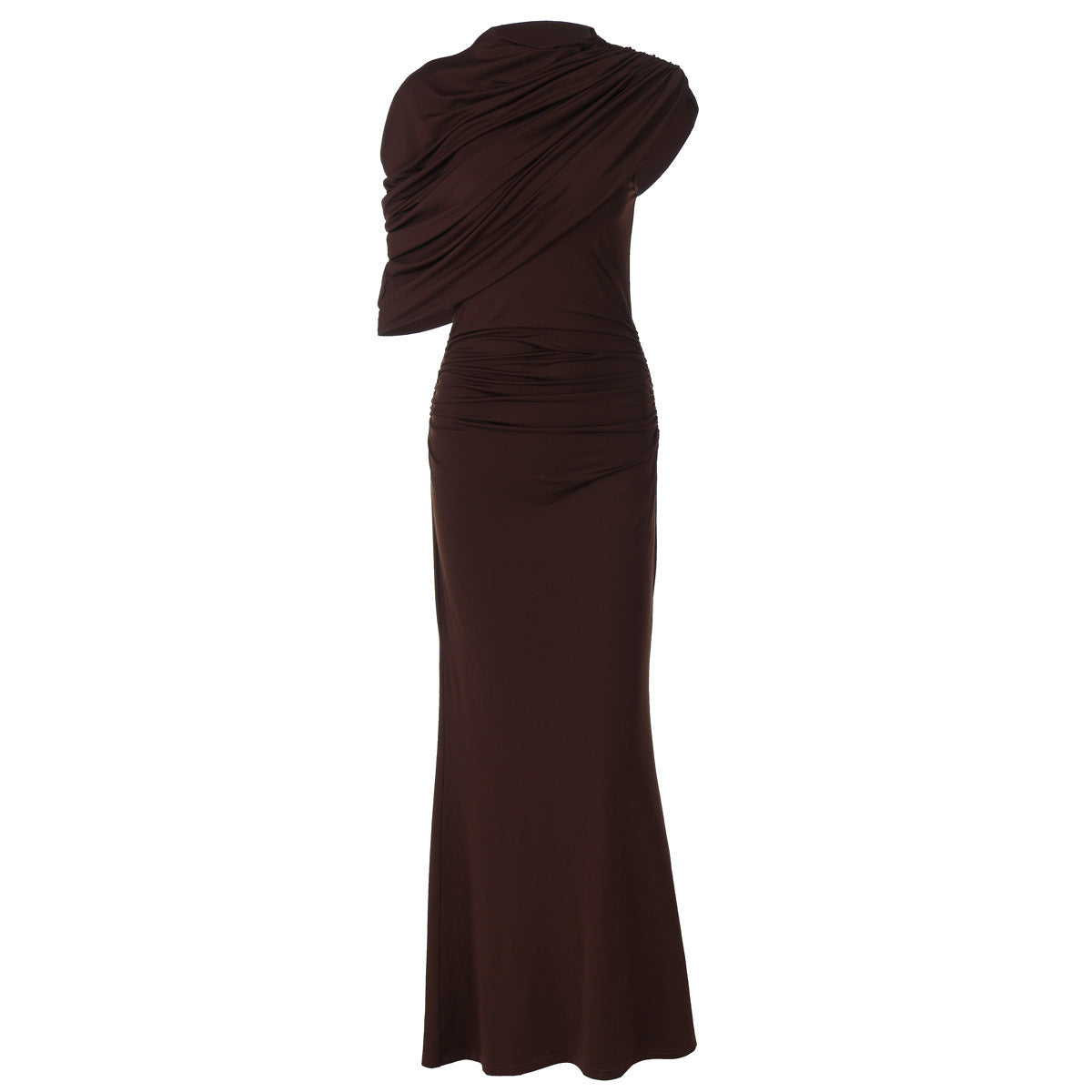 Maxikleid Damen braun figurbetont mit Stehkragen und Drapierung - 7 - Atelier-Zofia