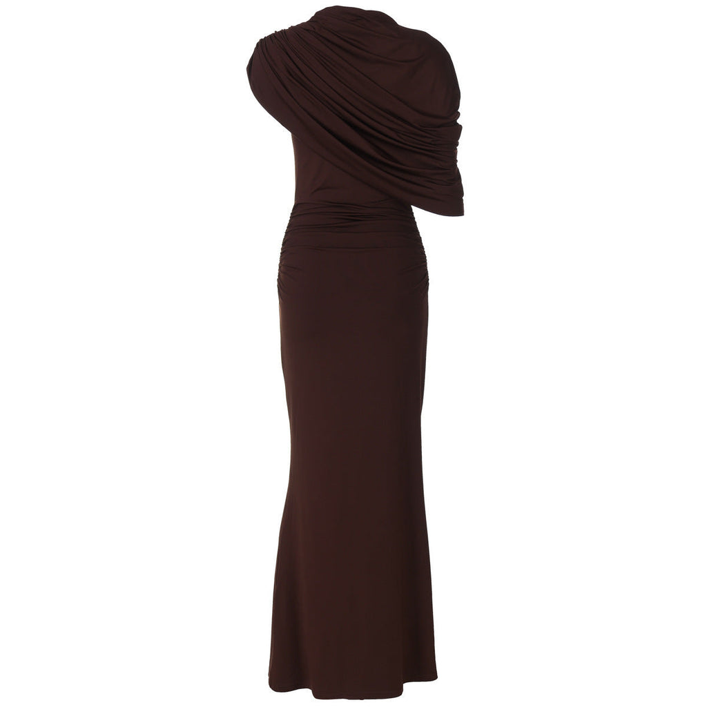 Maxikleid Damen braun figurbetont mit Stehkragen und Drapierung - 8 - Atelier-Zofia