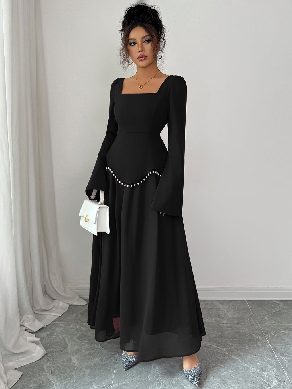 Maxikleid Damen burgunderrot figurbetont mit weitem Saum - 9 - Atelier-Zofia