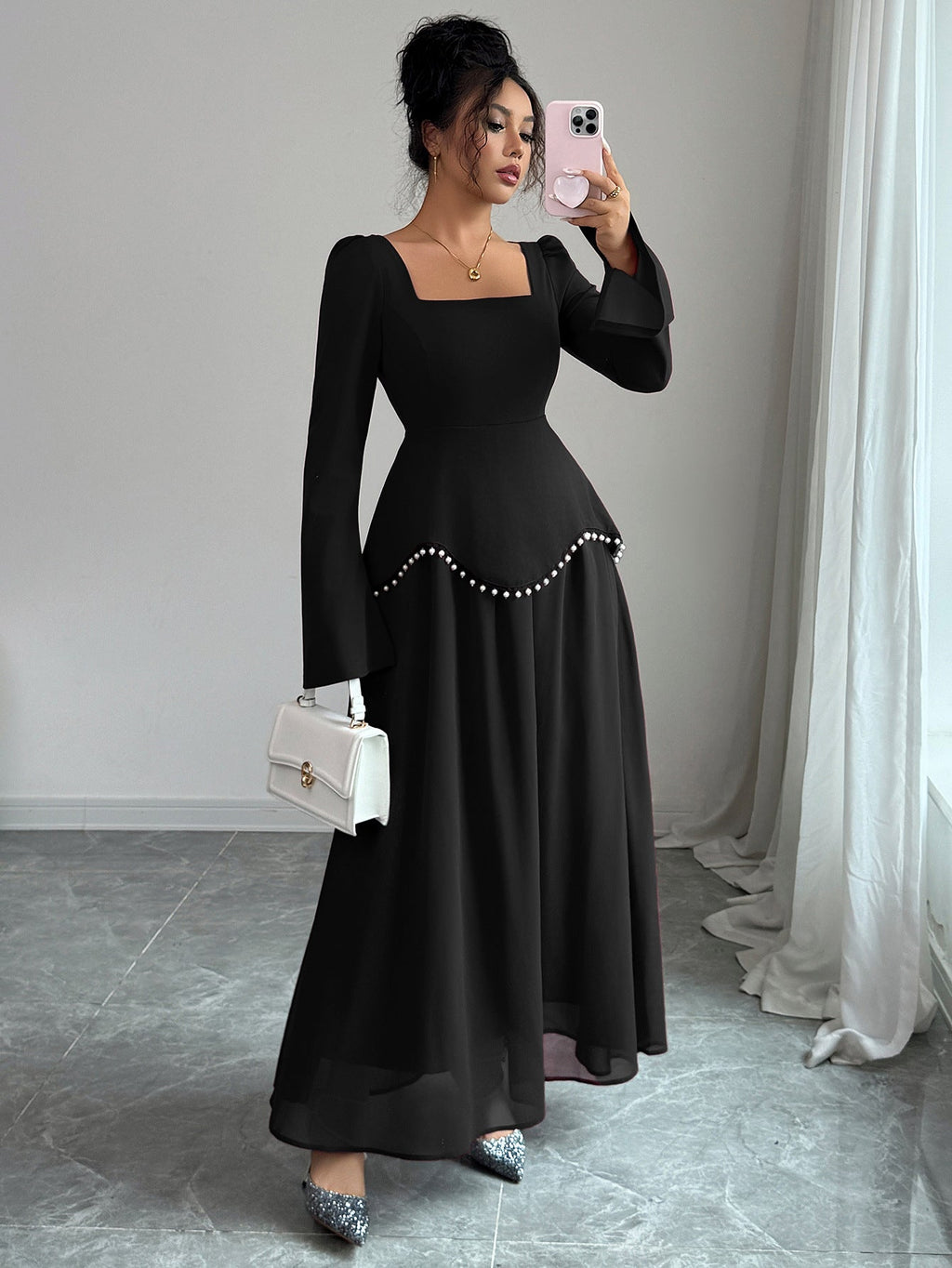 Maxikleid Damen burgunderrot figurbetont mit weitem Saum - 10 - Atelier-Zofia