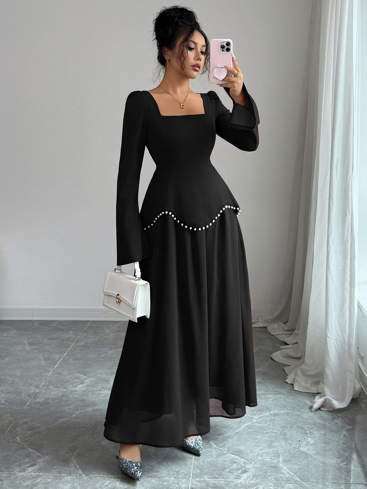 Maxikleid Damen burgunderrot figurbetont mit weitem Saum - 10 - Atelier-Zofia