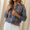 Cardigan Damen blau-orange kariert mit Knopfleiste - 1 - Atelier-Zofia