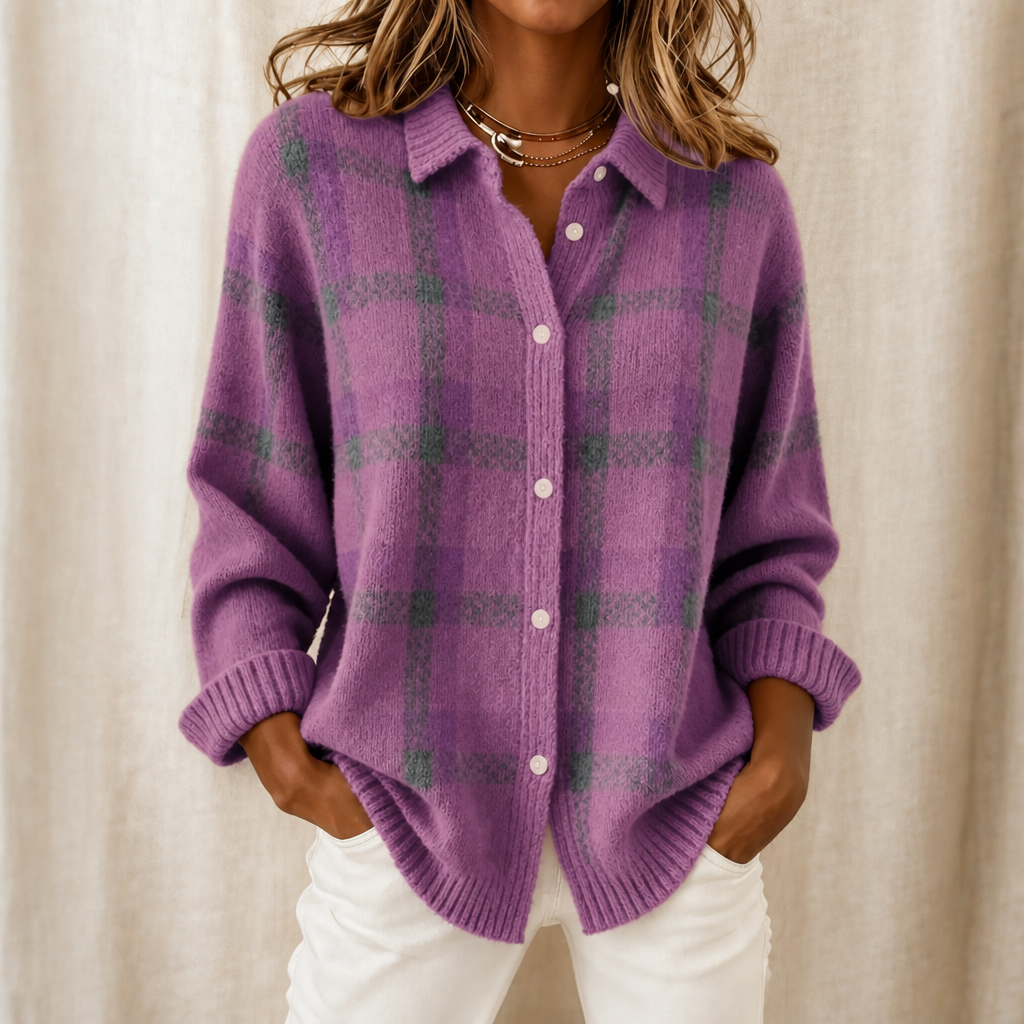 Cardigan Damen blau-orange kariert mit Knopfleiste - 8 - Atelier-Zofia