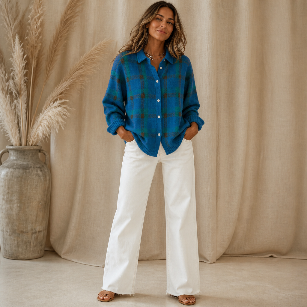 Cardigan Damen blau-orange kariert mit Knopfleiste - 9 - Atelier-Zofia