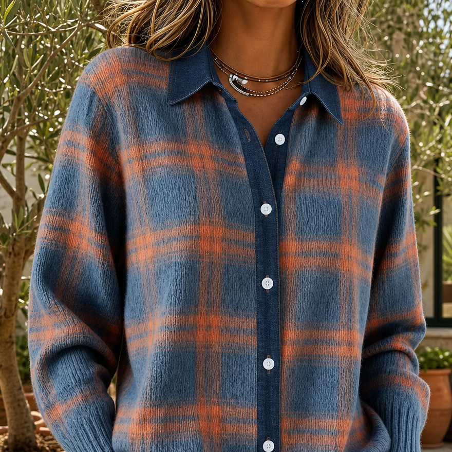 Pullover Damen blau-orange kariert mit Knopfdetails - 1 - Atelier-Zofia