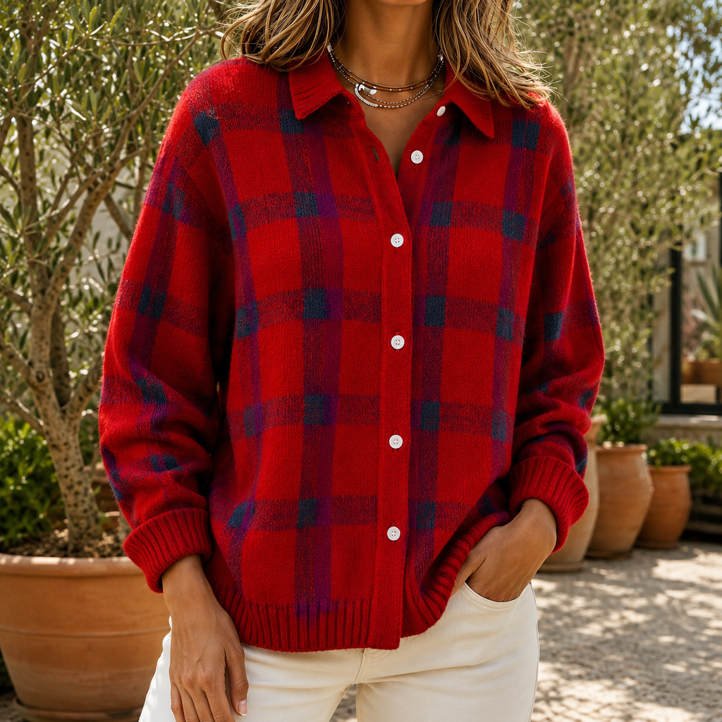 Pullover Damen blau-orange kariert mit Knopfdetails - 4 - Atelier-Zofia