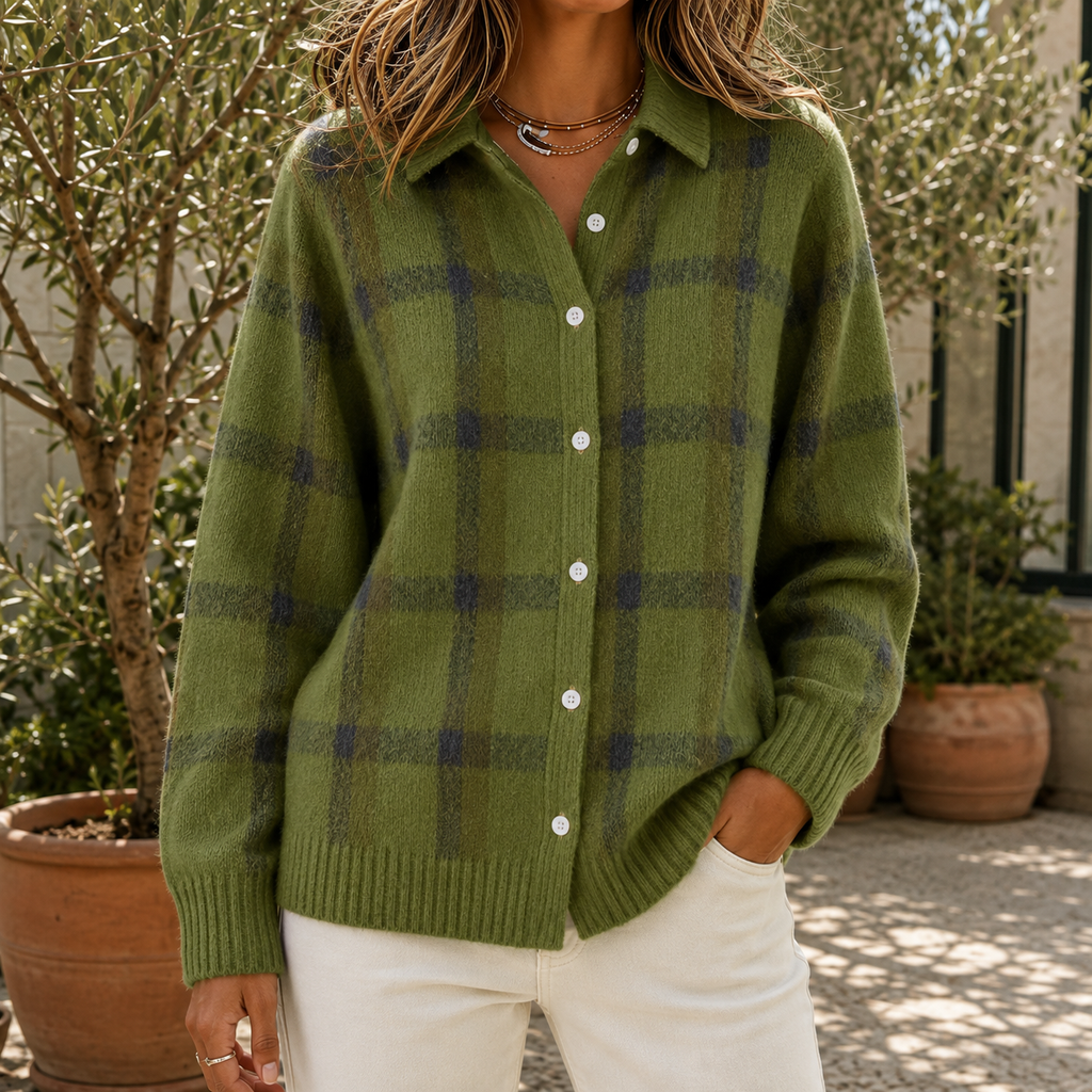 Pullover Damen blau-orange kariert mit Knopfdetails - 5 - Atelier-Zofia