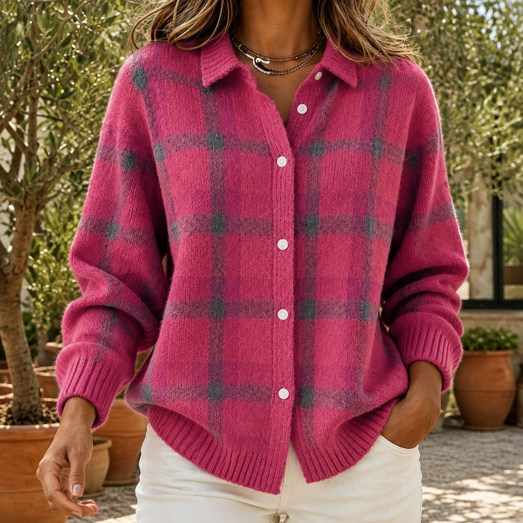 Pullover Damen blau-orange kariert mit Knopfdetails - 7 - Atelier-Zofia