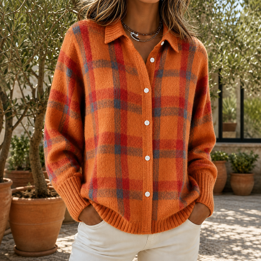 Pullover Damen blau-orange kariert mit Knopfdetails - 8 - Atelier-Zofia