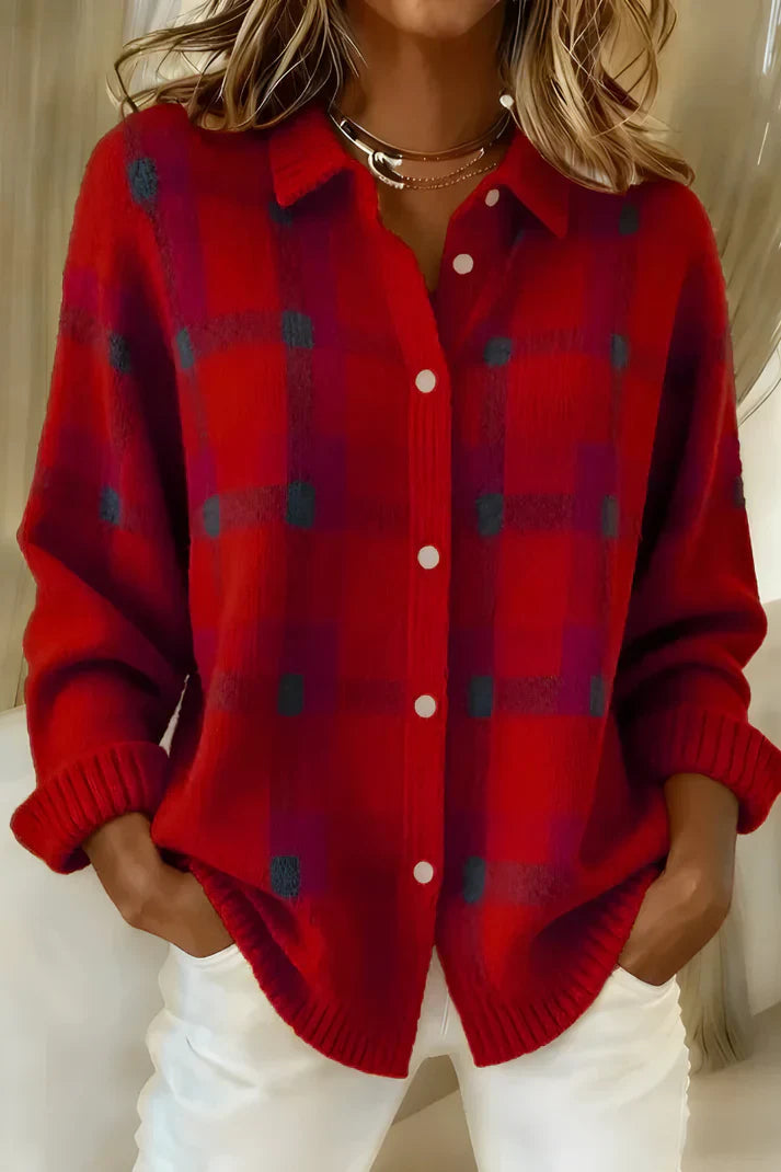 Cardigan Damen rot lässig mit Karomuster und Knopfdetail - 2 - Atelier-Zofia