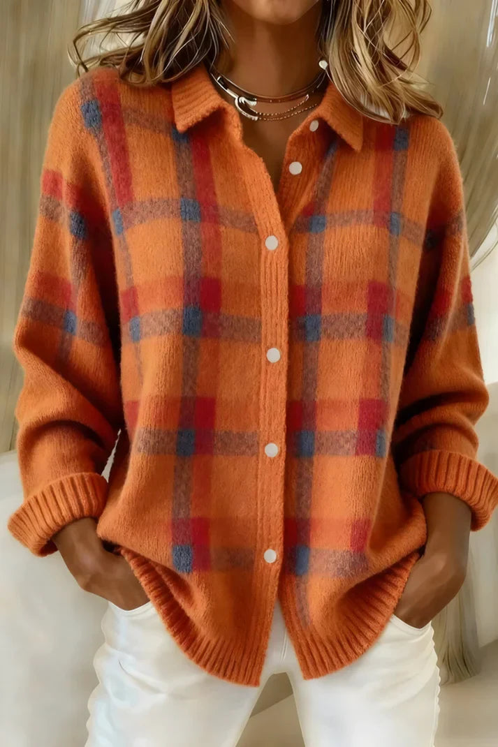 Cardigan Damen rot lässig mit Karomuster und Knopfdetail - 6 - Atelier-Zofia