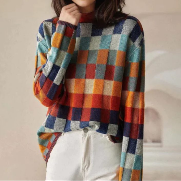 Pullover Damen bunt mit Stehkragen und langen Ärmeln - 1 - Atelier-Zofia