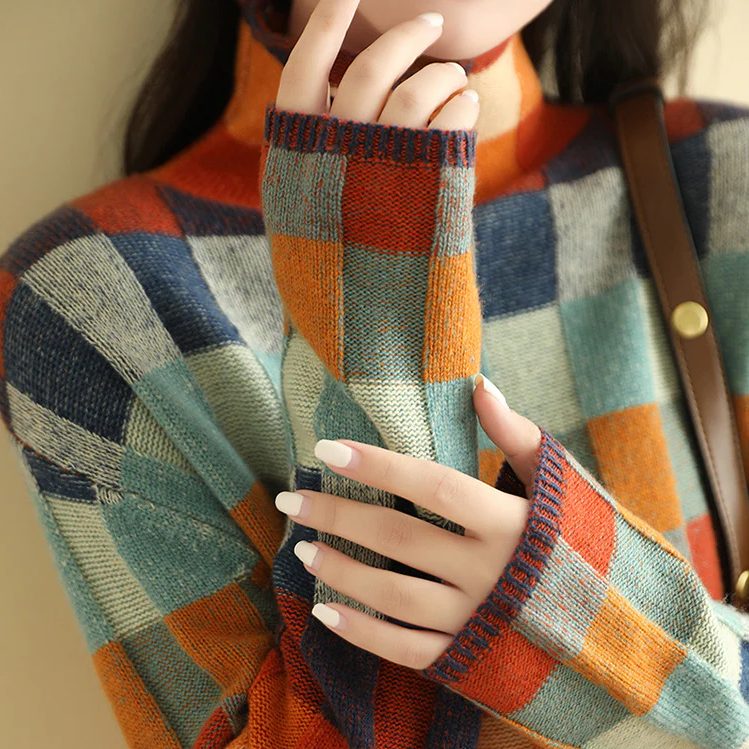 Pullover Damen bunt mit Stehkragen und langen Ärmeln - 6 - Atelier-Zofia