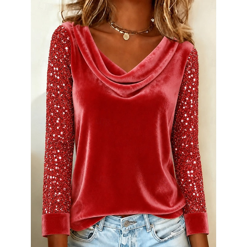 Bluse Damen rot figurbetont mit V-Ausschnitt und Paillettenärmeln - 3 - Atelier-Zofia