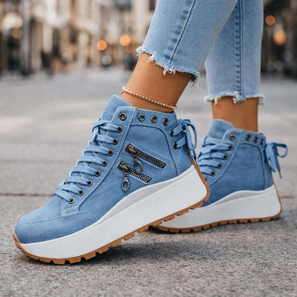 Sneakers Damen schwarz hoch mit Plateau-Sohle und Reißverschluss - 1 - Atelier-Zofia