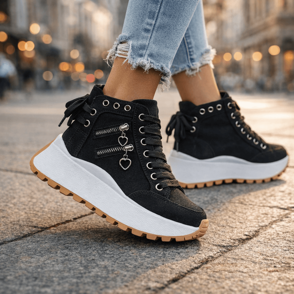 Sneakers Damen schwarz hoch mit Plateau-Sohle und Reißverschluss - 3 - Atelier-Zofia