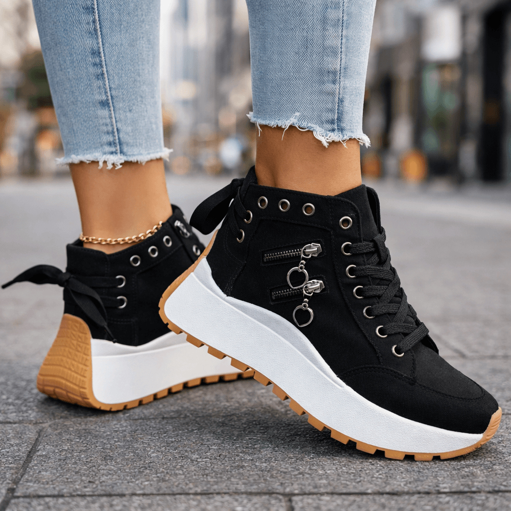 Sneakers Damen schwarz hoch mit Plateau-Sohle und Reißverschluss - 8 - Atelier-Zofia