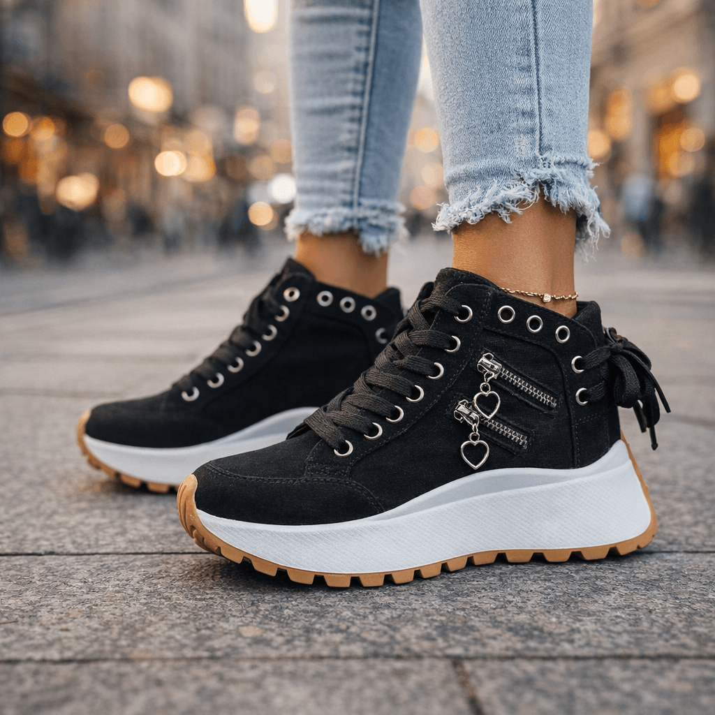 Sneakers Damen schwarz hoch mit Plateau-Sohle und Reißverschluss - 9 - Atelier-Zofia