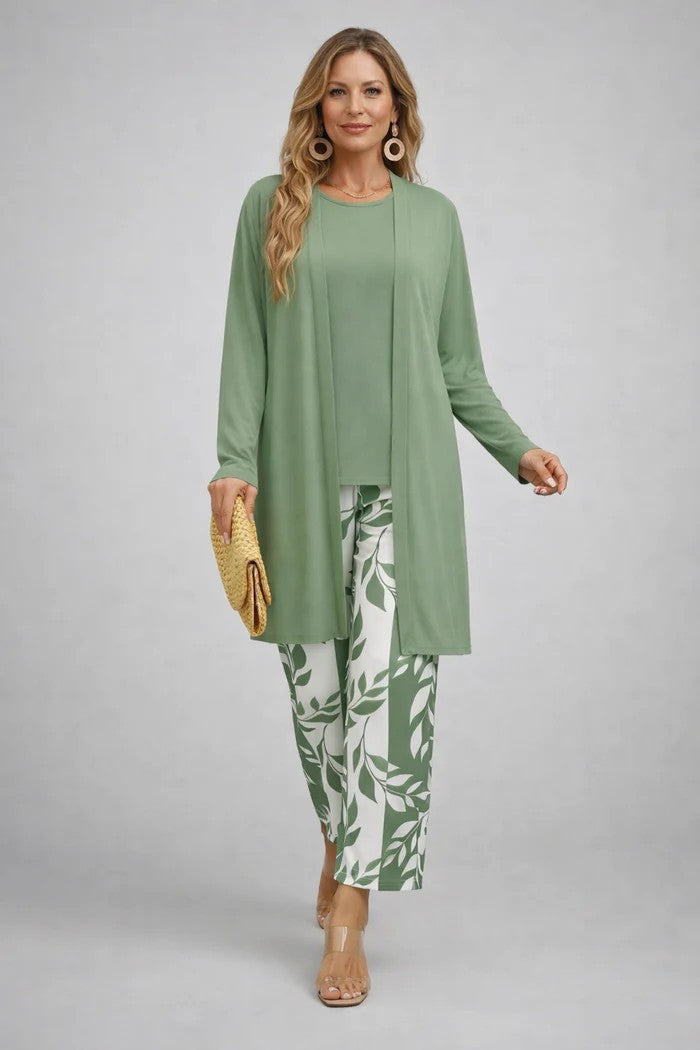 Outfit Damen grün figurbetont mit langen Ärmeln und floralem Muster - 1 - Atelier-Zofia