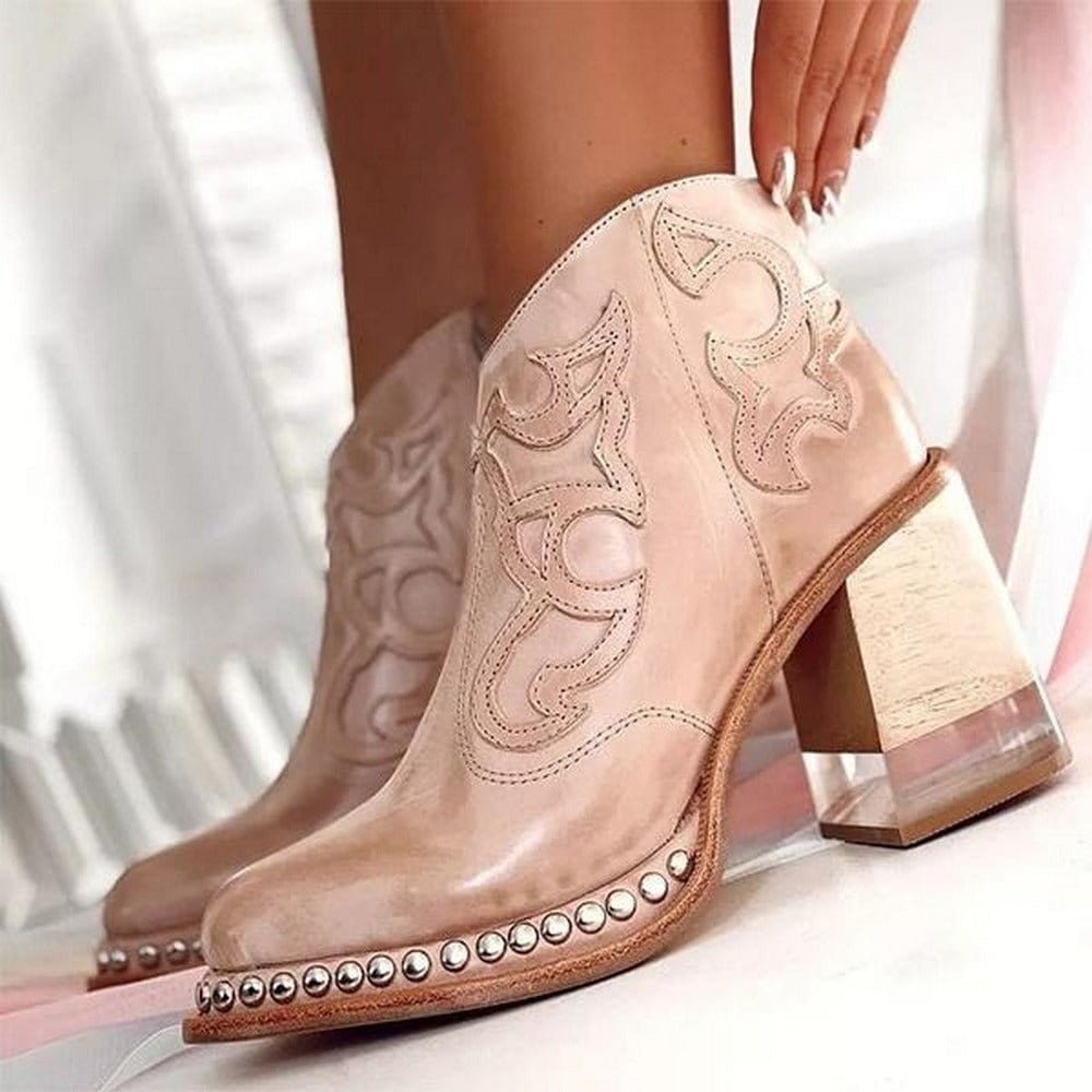 Damen Stiefeletten beige figurbetont mit Blockabsatz und Verzierungen - 1 - Atelier-Zofia