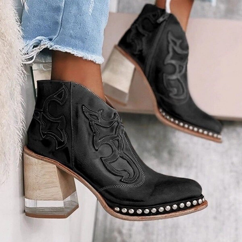 Damen Stiefeletten beige figurbetont mit Blockabsatz und Verzierungen - 2 - Atelier-Zofia