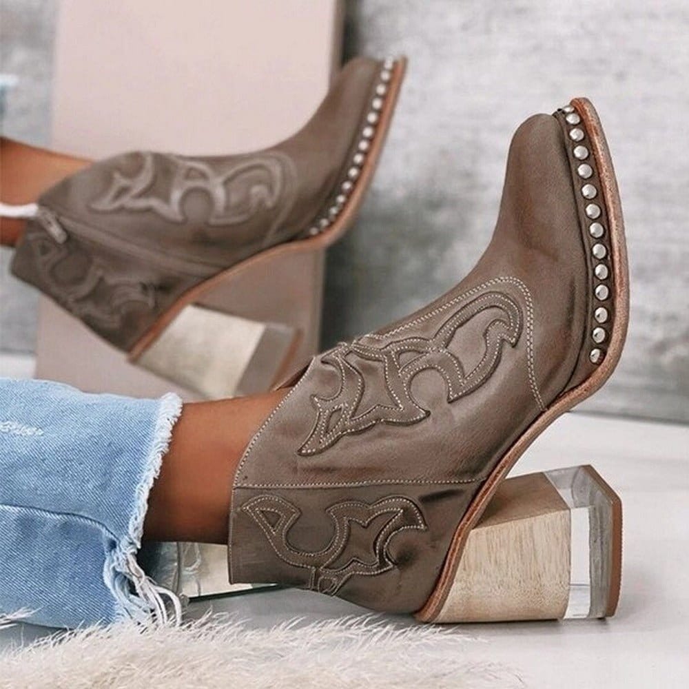Damen Stiefeletten beige figurbetont mit Blockabsatz und Verzierungen - 3 - Atelier-Zofia