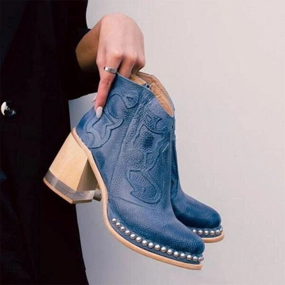 Damen Stiefeletten beige figurbetont mit Blockabsatz und Verzierungen - 4 - Atelier-Zofia