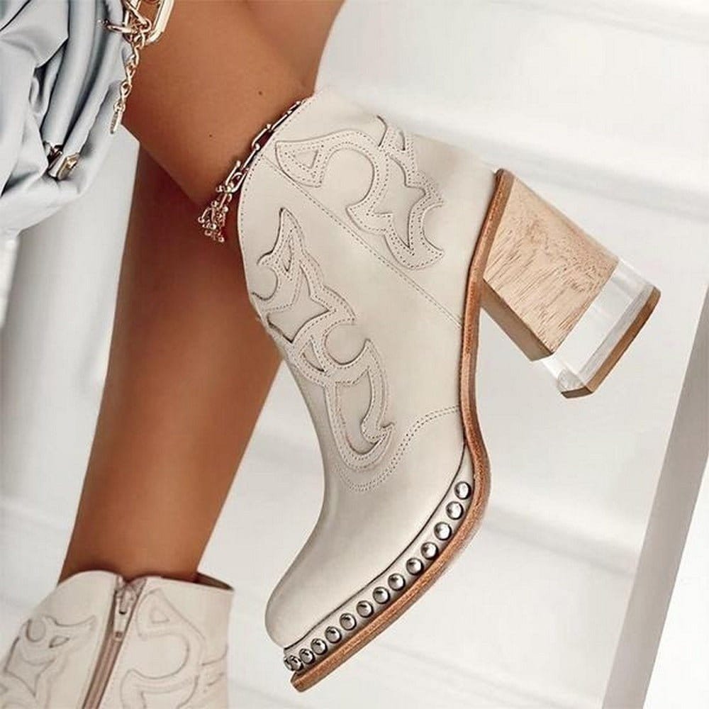 Damen Stiefeletten beige figurbetont mit Blockabsatz und Verzierungen - 5 - Atelier-Zofia