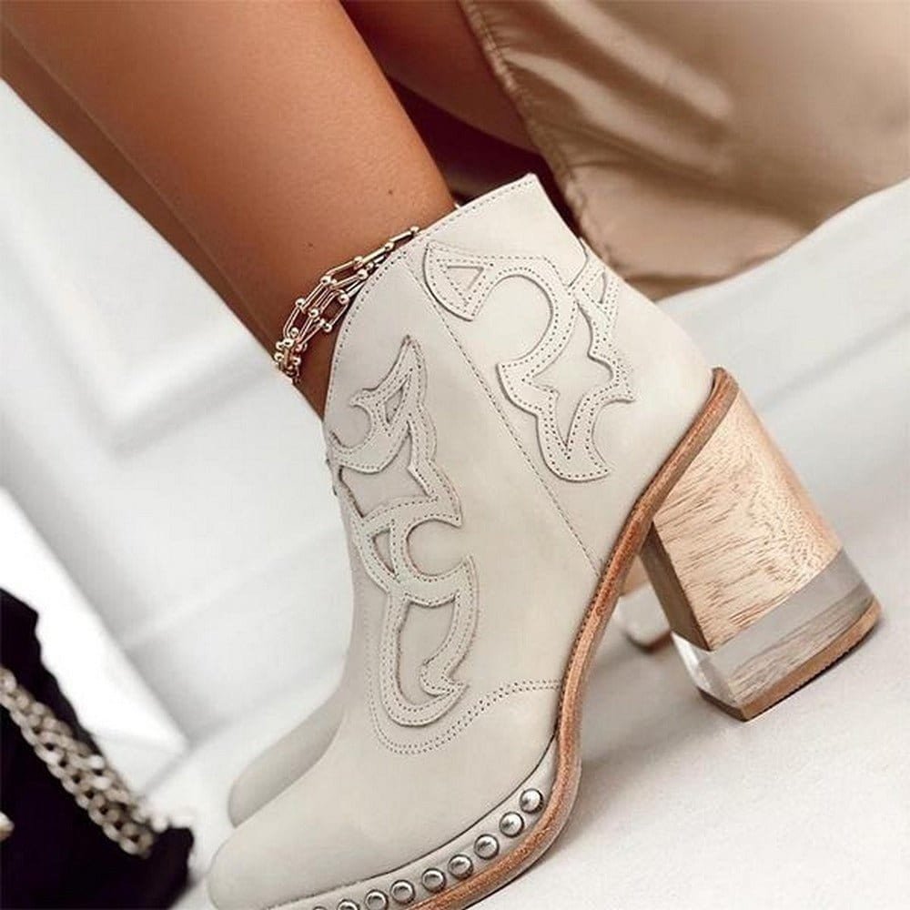 Damen Stiefeletten beige figurbetont mit Blockabsatz und Verzierungen - 7 - Atelier-Zofia