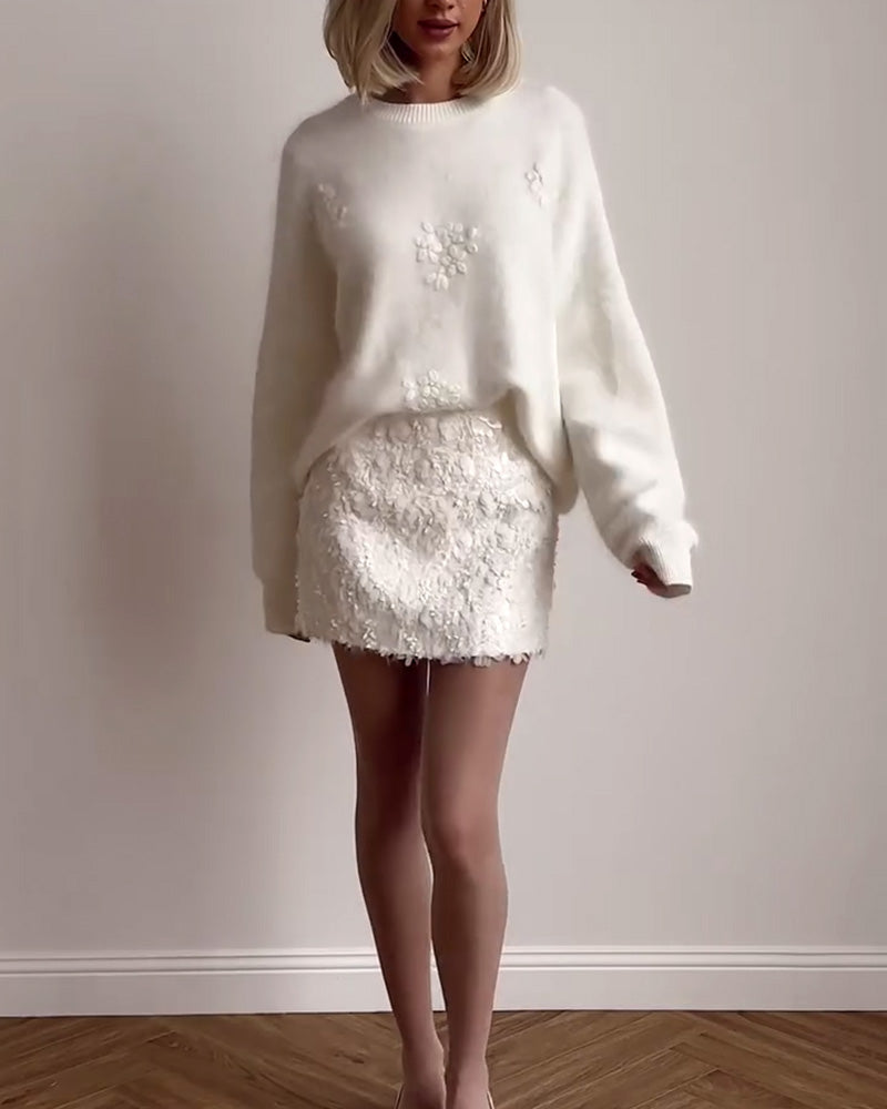 Pullover Damen weiß oversize mit floralem Design - 4 - Atelier-Zofia