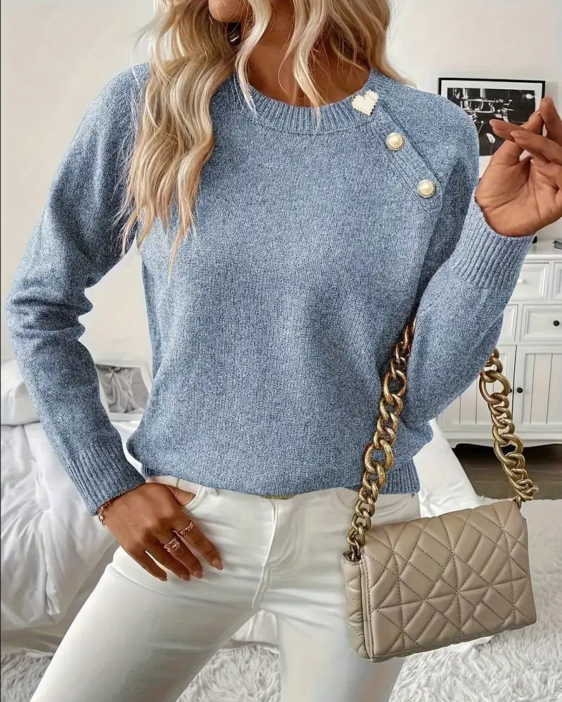 Pullover Damen grau mit modischen Knopfakzenten und langen Ärmeln - 11 - Atelier-Zofia