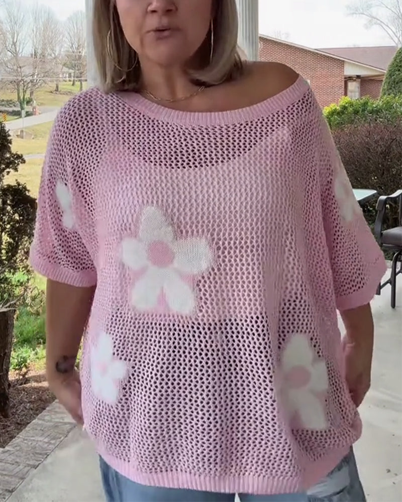 Pullover Damen rosa weit mit Blumenmuster - 1 - Atelier-Zofia
