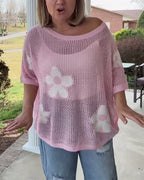 Pullover Damen rosa weit mit Blumenmuster - 2 - Atelier-Zofia