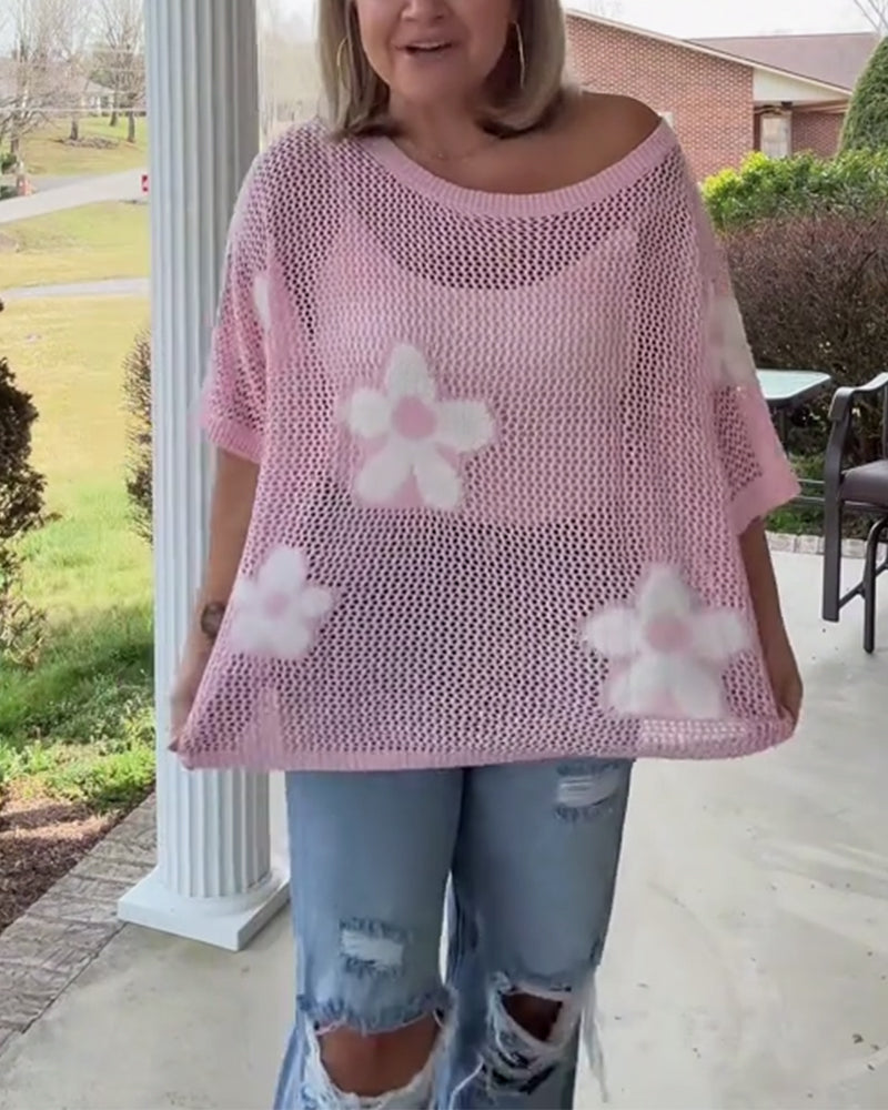 Pullover Damen rosa weit mit Blumenmuster - 4 - Atelier-Zofia