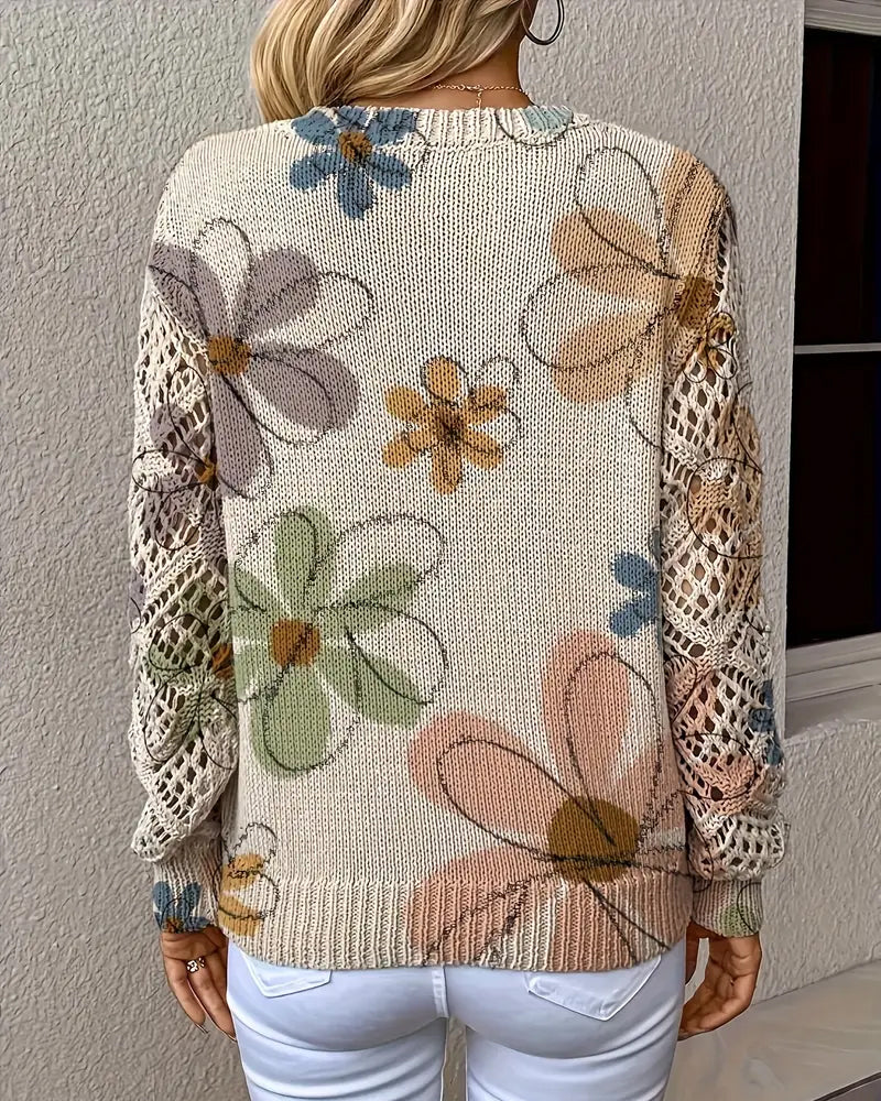 Pullover Damen beige figurbetont mit V-Ausschnitt und Blumenmuster - 4 - Atelier-Zofia