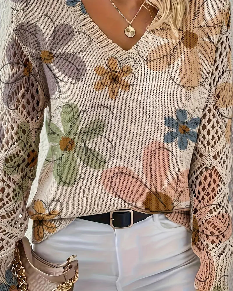 Pullover Damen beige figurbetont mit V-Ausschnitt und Blumenmuster - 5 - Atelier-Zofia