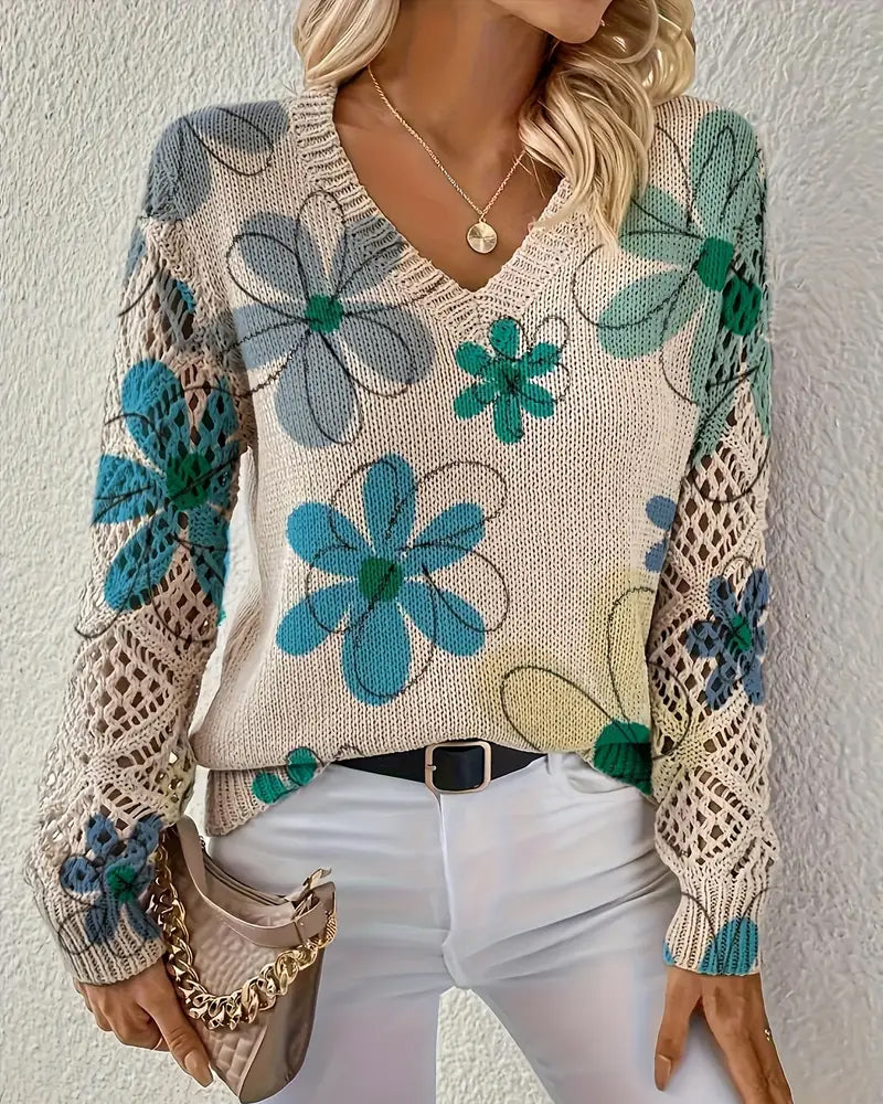 Pullover Damen beige figurbetont mit V-Ausschnitt und Blumenmuster - 6 - Atelier-Zofia